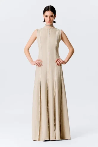 Ärmelloses Leinen-Mischung-Kleid mit Einsätzen – Hellbeige