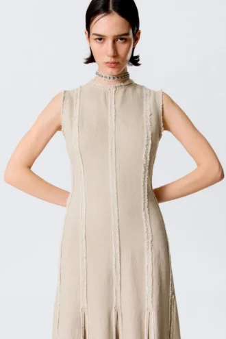 Ärmelloses Leinen-Mischung-Kleid mit Einsätzen – Hellbeige