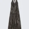 Ärmelloses Maxikleid mit Neckholder – Dunkelgrau – Crinkle-Print Ärmelloses Maxikleid mit Neckholder – Dunkelgrau – Crinkle-Print
