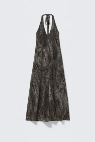 Ärmelloses Maxikleid mit Neckholder – Dunkelgrau – Crinkle-Print