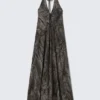 Ärmelloses Maxikleid mit Neckholder – Dunkelgrau – Crinkle-Print Ärmelloses Maxikleid mit Neckholder – Dunkelgrau – Crinkle-Print