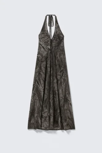 Ärmelloses Maxikleid mit Neckholder – Dunkelgrau – Crinkle-Print