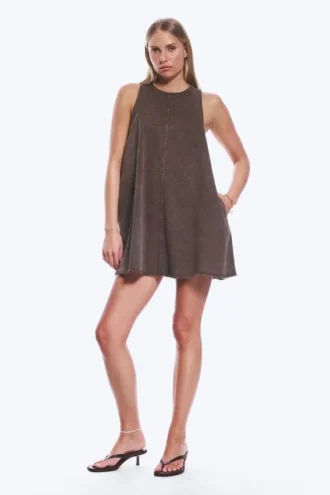 Ärmelloses Minikleid aus Baumwolltwill – gewaschen, dunkelbraun