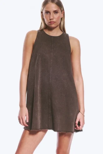 Ärmelloses Minikleid aus Baumwolltwill – gewaschen, dunkelbraun