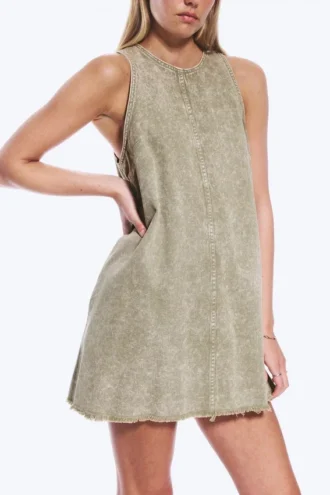 Ärmelloses Minikleid aus Baumwolltwill – gewaschenes Khaki-Grün