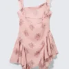 Ärmelloses Minikleid mit quadratischem Ausschnitt – Rosa – Blumenmuster Ärmelloses Minikleid mit quadratischem Ausschnitt – Rosa – Blumenmuster