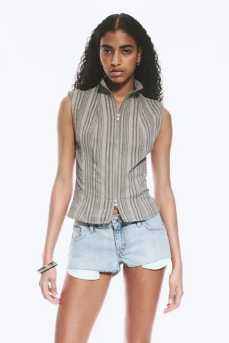 Ärmelloses Oberteil mit hohem Kragen und Reißverschluss – Dusty Grey