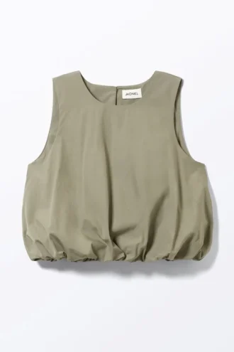 Ärmelloses Popeline-Top mit Ballonsaum – Khaki-Grün