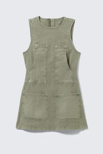 Ärmelloses Utility-Kleid aus Baumwolltwill – Khakigrün