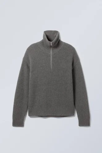 Rollkragen-Pullover aus Wollmischung mit halbem Reißverschluss – Dunkelgrau