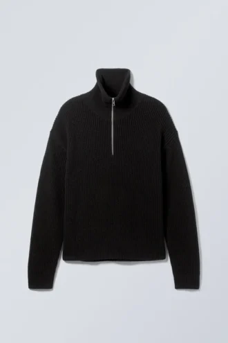 Rollkragen-Pullover aus Wollmischung mit halbem Reißverschluss – Schwarz