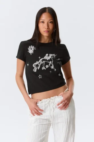 Rosabel Bedrucktes Baby-T-Shirt – Schwarz – Einhorn