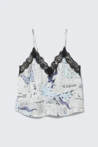 Satin-Camisole mit Spitzenbesatz – Weiß Newspaper – Blue Flame
