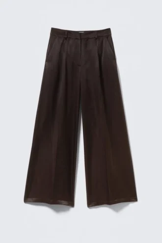Satin-Hose mit hoher Taille und weitem Bein – Dunkelbraun