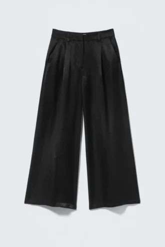 Satin-Hose mit hoher Taille und weitem Bein – Schwarz