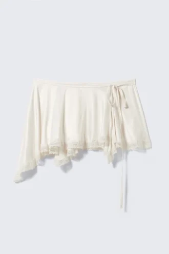 Satin-Wickel-Mini-Rock mit Spitzenbesatz – Weiß