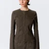 Schlanke Jacke aus ausgefranster Baumwolle – gestreift, dunkelgrau Schlanke Jacke aus ausgefranster Baumwolle – gestreift, dunkelgrau