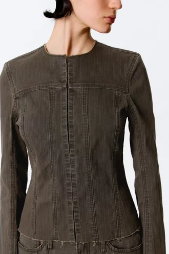 Schlanke Jacke aus ausgefranster Baumwolle – gestreift, dunkelgrau