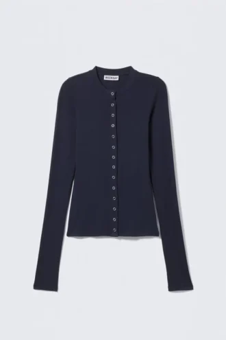 Schmal geschnittene, langärmelige Strickjacke mit Knopfleiste – Dunkelblau