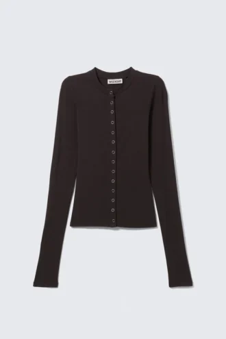 Schmal geschnittene, langärmelige Strickjacke mit Knopfleiste – Dunkelbraun