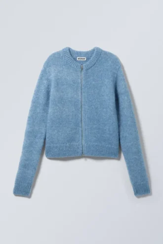 Schmal geschnittene Strickjacke mit Reißverschluss – Blau meliert