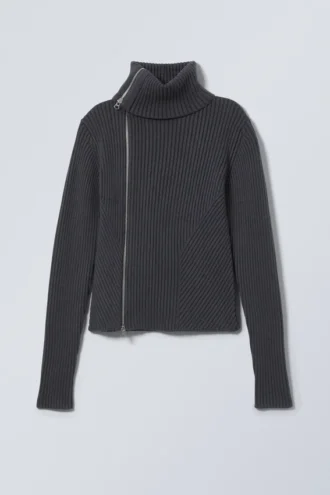 Schmal geschnittene Strickjacke mit Reißverschluss – Dunkelgrau Schmal geschnittene Strickjacke mit Reißverschluss – Dunkelgrau