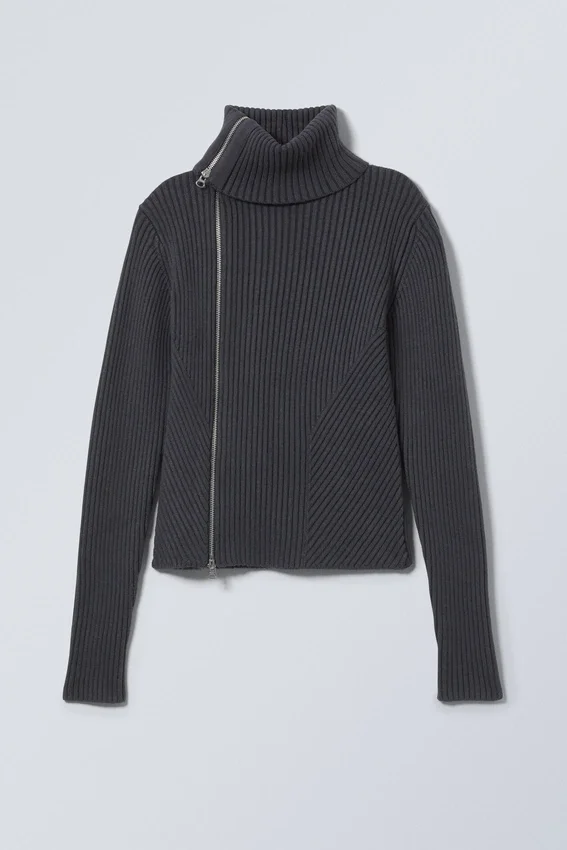 Schmal geschnittene Strickjacke mit Reißverschluss – Dunkelgrau Schmal geschnittene Strickjacke mit Reißverschluss – Dunkelgrau
