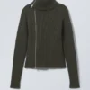 Schmal geschnittene Strickjacke mit Reißverschluss – Dunkelkhaki