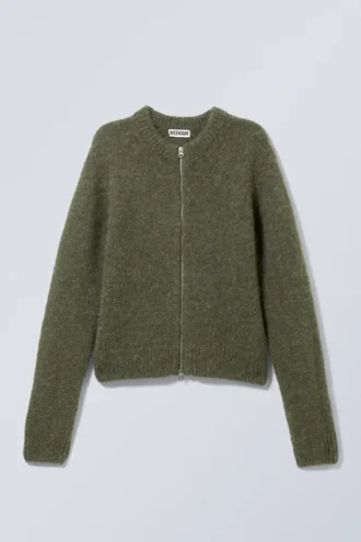 Schmal geschnittene Strickjacke mit Reißverschluss – Dunkelkhaki Schmal geschnittene Strickjacke mit Reißverschluss – Dunkelkhaki