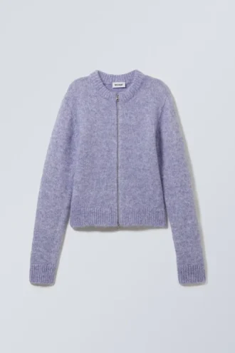 Schmal geschnittene Strickjacke mit Reißverschluss – Flieder Schmal geschnittene Strickjacke mit Reißverschluss – Flieder