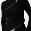 Schmal geschnittener, asymmetrischer Strickpullover mit Reißverschluss – Schwarz Schmal geschnittener, asymmetrischer Strickpullover mit Reißverschluss – Schwarz