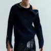 Schmal geschnittener Wollpullover mit Reißverschluss an den Ärmeln – Marineblau Schmal geschnittener Wollpullover mit Reißverschluss an den Ärmeln – Marineblau