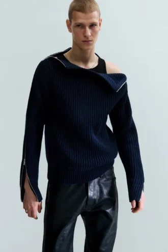 Schmal geschnittener Wollpullover mit Reißverschluss an den Ärmeln – Marineblau