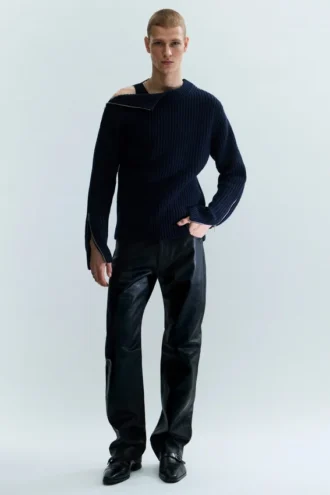 Schmal geschnittener Wollpullover mit Reißverschluss an den Ärmeln – Marineblau