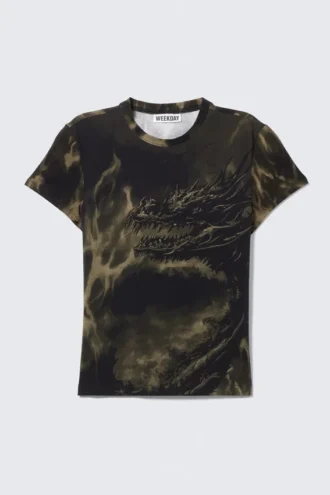 Schmal geschnittenes bedrucktes Baby-T-Shirt – Dunkelbraun – Drache