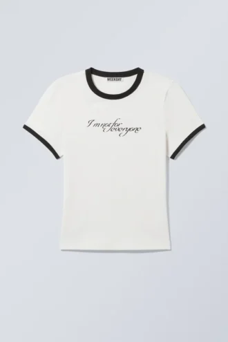 Schmal geschnittenes bedrucktes Kurzarm-T-Shirt – Weiß – Nicht für jedermann