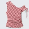 Schmal geschnittenes, gerafftes Off-Shoulder-Top – rot-weiß gestreift Schmal geschnittenes, gerafftes Off-Shoulder-Top – rot-weiß gestreift