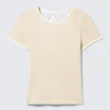 Schmal geschnittenes, kurzärmeliges Top mit offenem Rücken – Beige – weiße Einfassung Schmal geschnittenes, kurzärmeliges Top mit offenem Rücken – Beige – weiße Einfassung