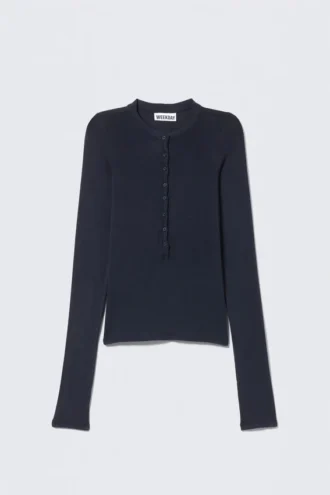 Schmal geschnittenes Langarm-Henley-Top – Dunkelblau
