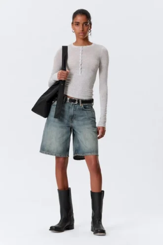 Schmal geschnittenes Langarm-Henley-Top – Grau meliert