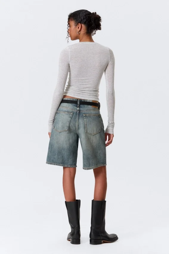Schmal geschnittenes Langarm-Henley-Top – Grau meliert Schmal geschnittenes Langarm-Henley-Top – Grau meliert