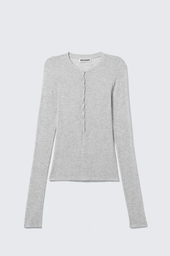 Schmal geschnittenes Langarm-Henley-Top – Grau meliert Schmal geschnittenes Langarm-Henley-Top – Grau meliert