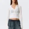 Schmal geschnittenes Langarm-Henley-Top – Weiß Schmal geschnittenes Langarm-Henley-Top – Weiß