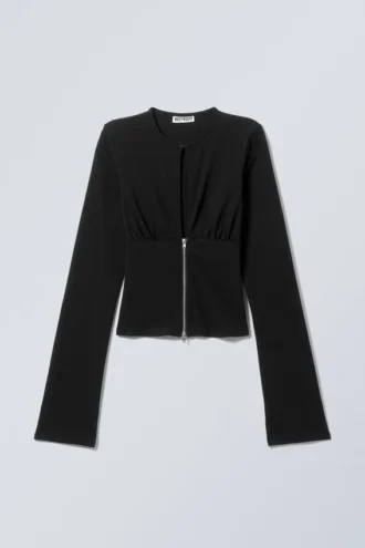 Schmal geschnittenes Langarmshirt mit Reißverschluss – Schwarz