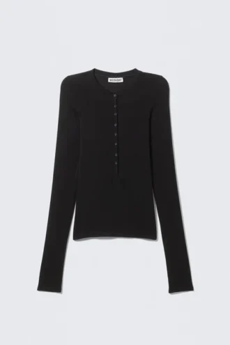 Schmal geschnittenes, langärmeliges Henley-Top – Schwarz