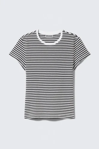 Schmales, kurzärmeliges Baumwoll-T-Shirt – schwarz-weiß gestreift