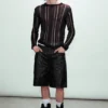 Schmales, langarmiges T-Shirt aus Tear-Knit – Schwarz Schmales, langarmiges T-Shirt aus Tear-Knit – Schwarz