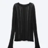 Schmales, langarmiges T-Shirt aus Tear-Knit – Schwarz Schmales, langarmiges T-Shirt aus Tear-Knit – Schwarz