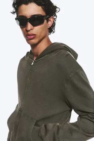 Shrunken Zip Kapuzenpullover – Dunkelkhaki-Grün