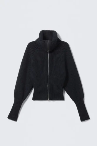 Slim Fit-Strickjacke mit Reißverschluss und Rippmuster – Dunkelblau